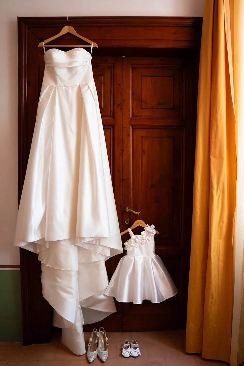 Abito da sposa e vestitino da bambina appesi a una porta di legno, con le scarpe a terra