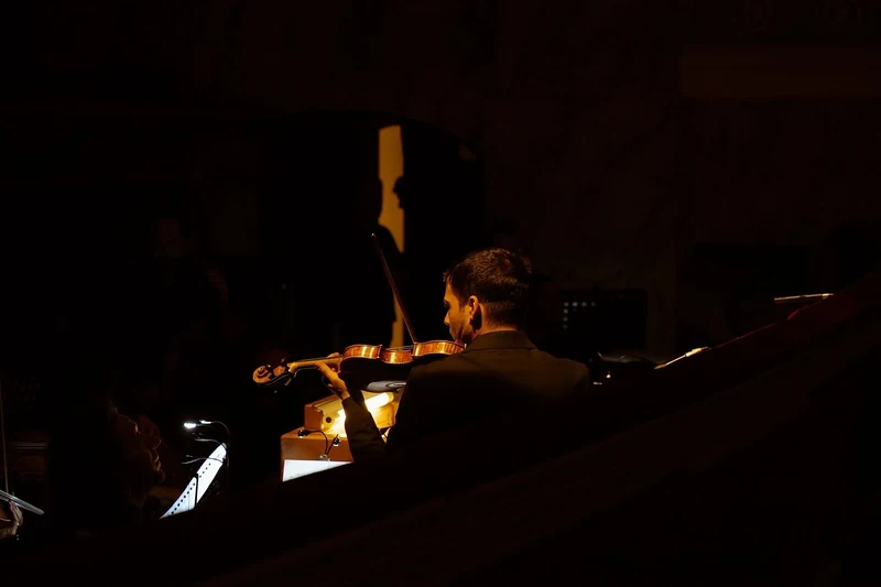 Musicista illuminato dalla lampada del leggio nella buca dell'orchestra